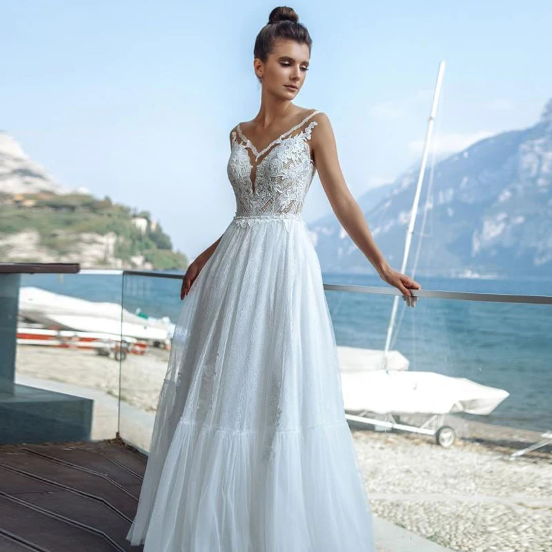 Boho Beach V-neck Tulle Wedding Dress 2024 Lace Applique Bow Princess Illusion Back Sleeveless Bridal Gown Vestidos De Novia