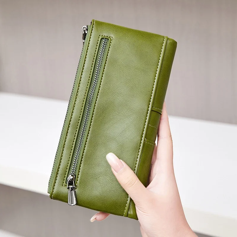 Anti-Theft RFID Ladies Wallet Oil Wax Leather Double Zipper Long Sle Handheld Bag Vintage New Model Functional Small Bag