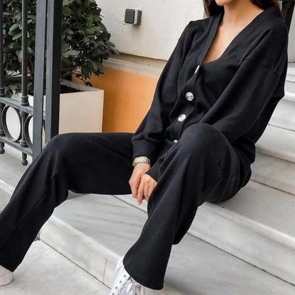 Women Casual Two-piece Set Women\'s V Neck Knitted Shirt Wide Leg Trousers Set Long Sleeves Loose Top with Drawstring for Casual