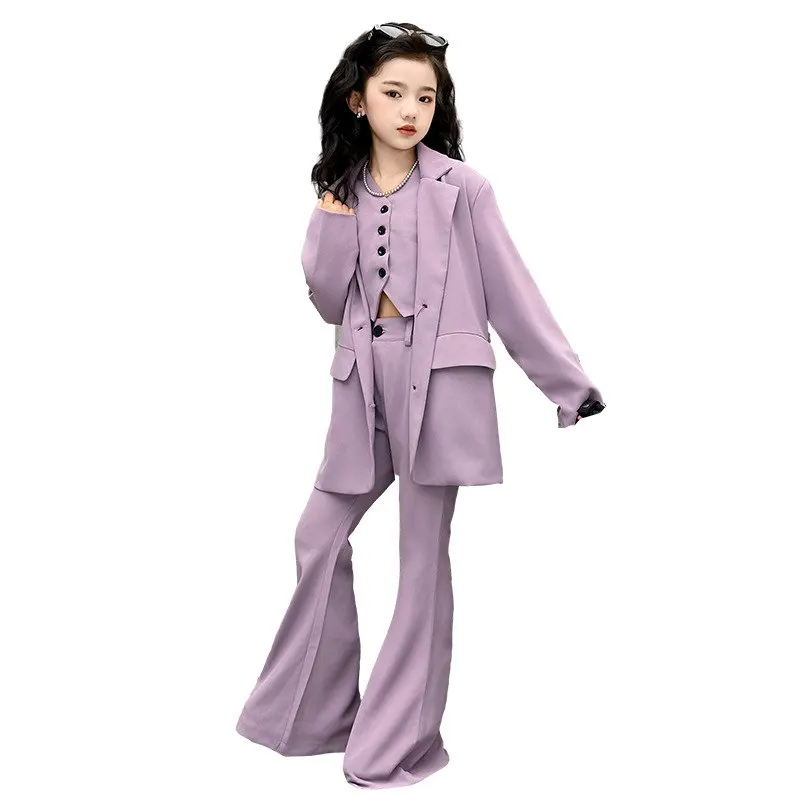 

2025 Teenage Girls Suits Blazer 3Pcs Vest+Jackets+Flare Pants Solid Color Fashion Spring Fall Formal Occasion Children's Clothes