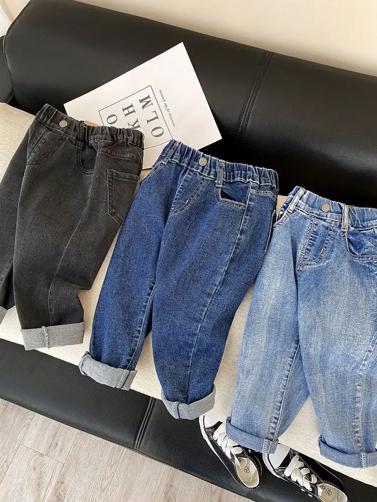 Calça comprida fina e solta para meninos, nova moda jeans elástica, roupa infantil, primavera e outono, 2024