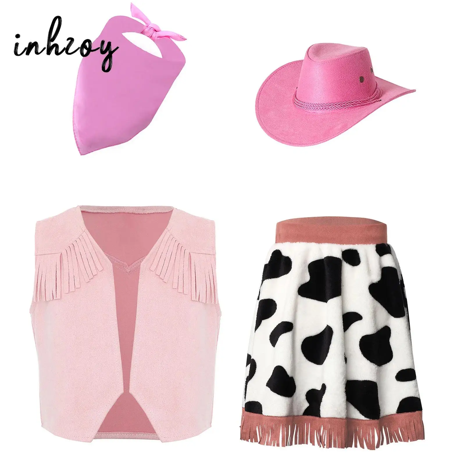 

Детский костюм пастушки в стиле вестерн для девочек, вечерние комплекты для косплея на Хэллоуин, жилет без рукавов с бахромой, жилет с открытой передней частью, замшевая юбка с кисточками