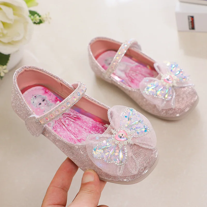 Girls Princess Elsa Crystal Shoes Sweet Cute Bow Girl Soft Sole Single Shoes Summer Flat Sandals Children\'s Small Leather Shoes