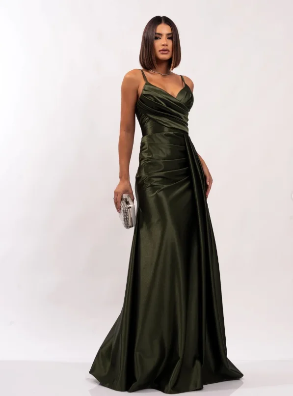 Di alta qualità personalizzato scollo a V piega pavimento lunghezza senza maniche bretelle sottili abito elegante da donna per la festa nuziale فستان