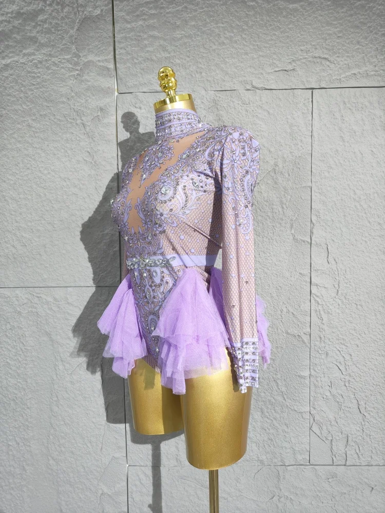 2025 strass scintillants body femmes élastique rose maille volants cristal justaucorps discothèque danseur Costume scène porter tenue de fête