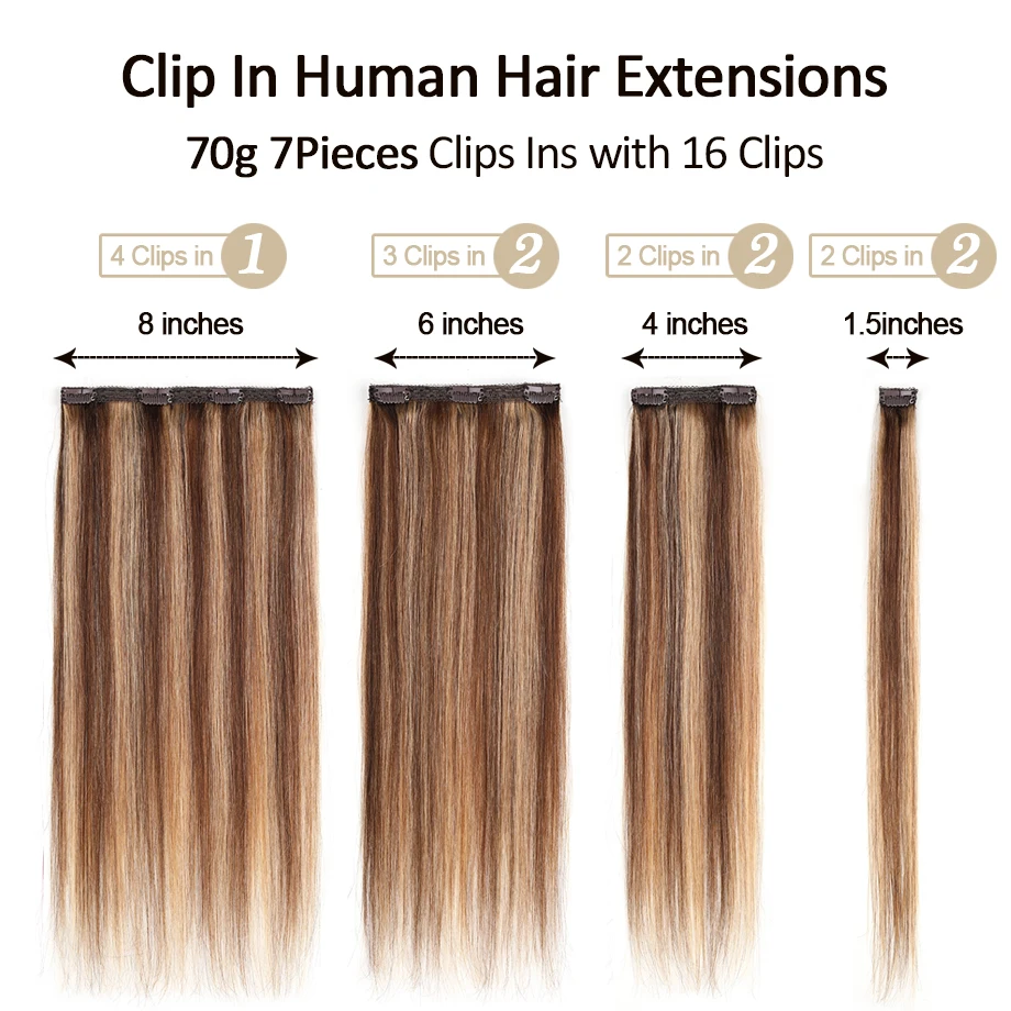 Clip in Hair Extensions Human Hair Balayage Double Weft Lace Clip in Human Hair Extensions Medium Brown Caramel Blonde 7Pcs/70G