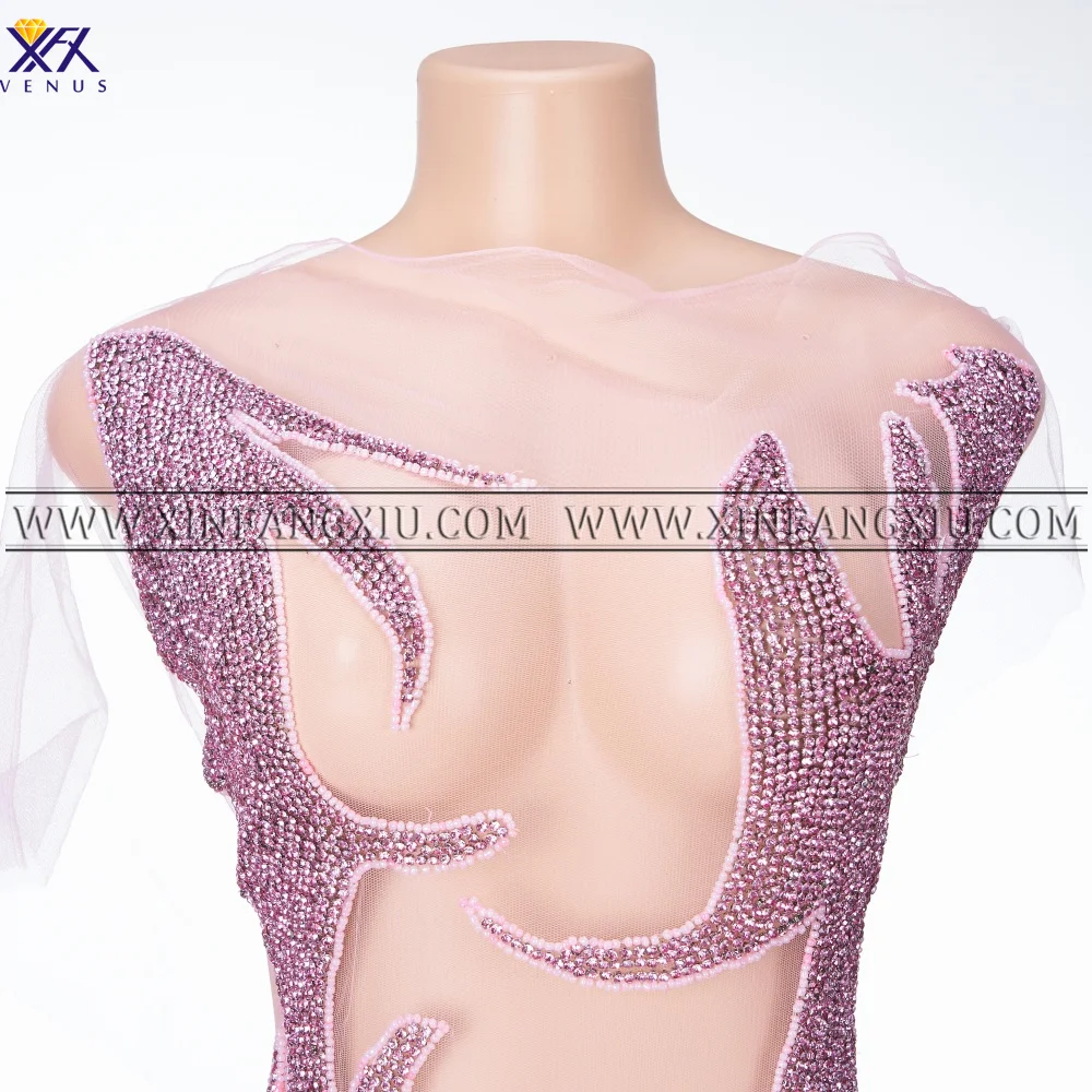 XFX VENUS 1 Piece Pink Silver Handmade Luxury Crystal Glass Rhinestone Bodice Applique Patch Sew on Prom Evening Dress Patches