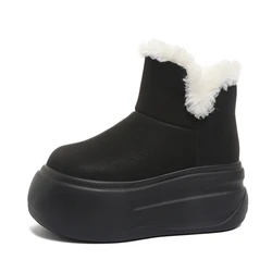 Warm Snow Boots for Women 2024 Winter Plush Cotton Padded Shoes Woman 7CM High Heels Leather Ankle Booties Chunky Platform Shoes