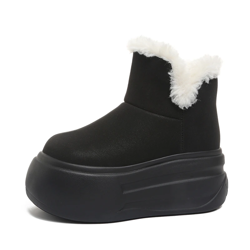 Warm Snow Boots for Women 2024 Winter Plush Cotton Padded Shoes Woman 7CM High Heels Leather Ankle Booties Chunky Platform Shoes