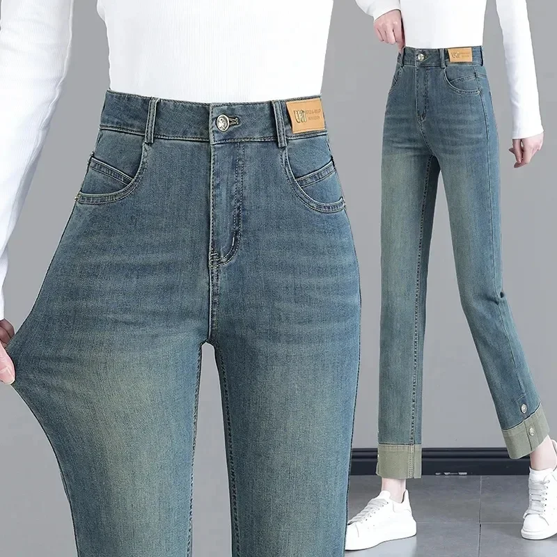 Female Nine Points Jeans Spring Women Versatile Retro Blue Smoke Pipe Denim Pants Ladies Leisure Straight Leg Cowboy Trousers