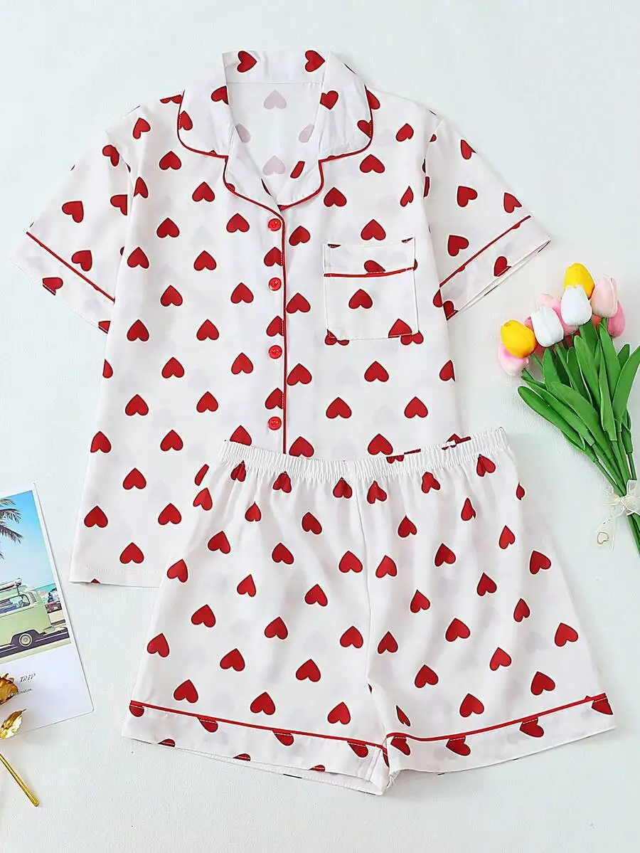 

2pcs Women Heart Print Pajama Set Button-Down Shirt And Shorts Summer Home Wear White