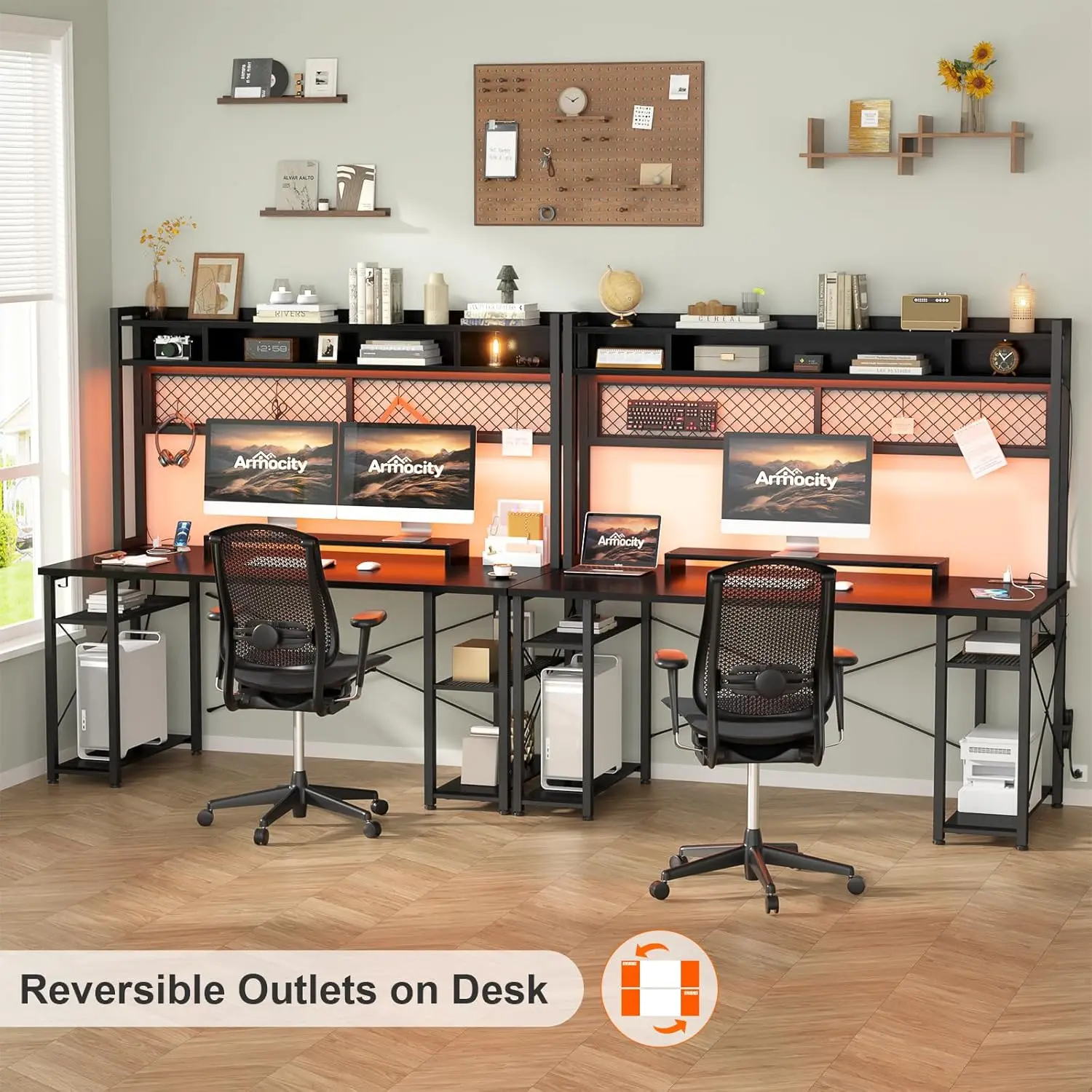 مكتب ألعاب مزود بخزانة، مكتب LED مقاس 55.2 بوصة مع منافذ، مكتب كمبيوتر قابل للعكس مع لوح بيجبورد وحامل شاشة، أسود