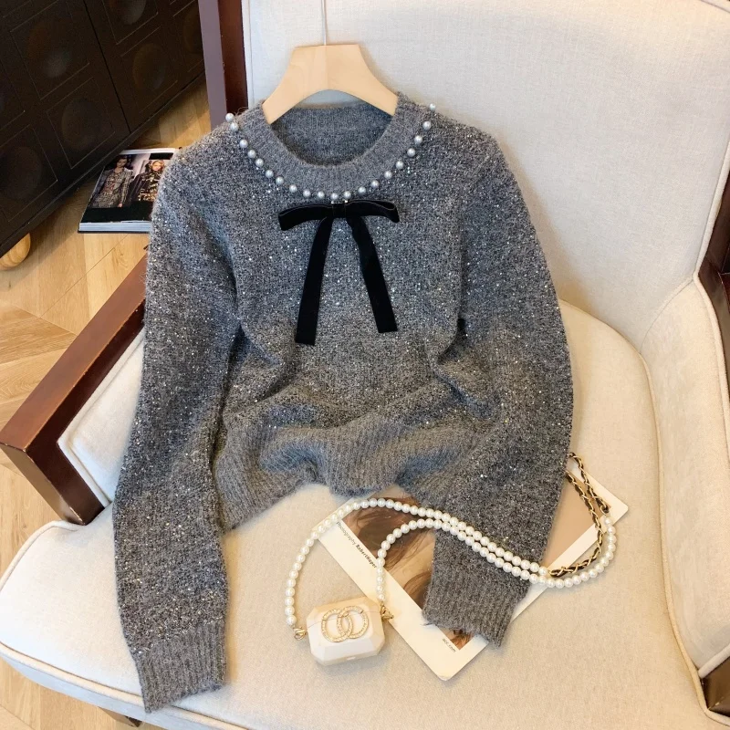 

Grey Women Sweater Tops Pearl Beading Elegant Fashion Jumpers Long Sleeve O-neck Vintage Autumn Winter Chic Pullovers 2025 F269