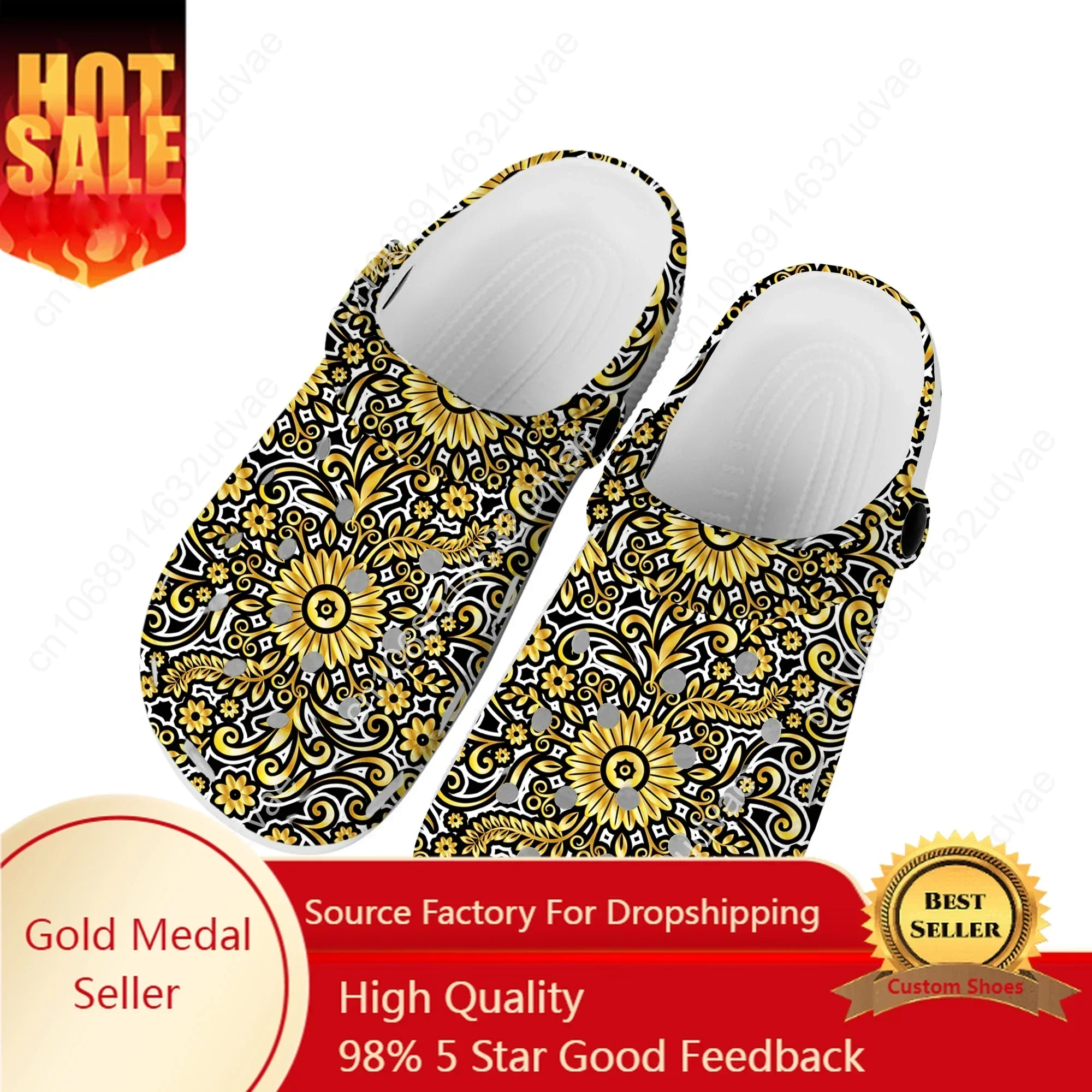 

Luxury Golden Floral Prints Home Clogs Custom Water Shoes Baroque European Mens Womens Teenager Garden Clog Beach Hole Slippers