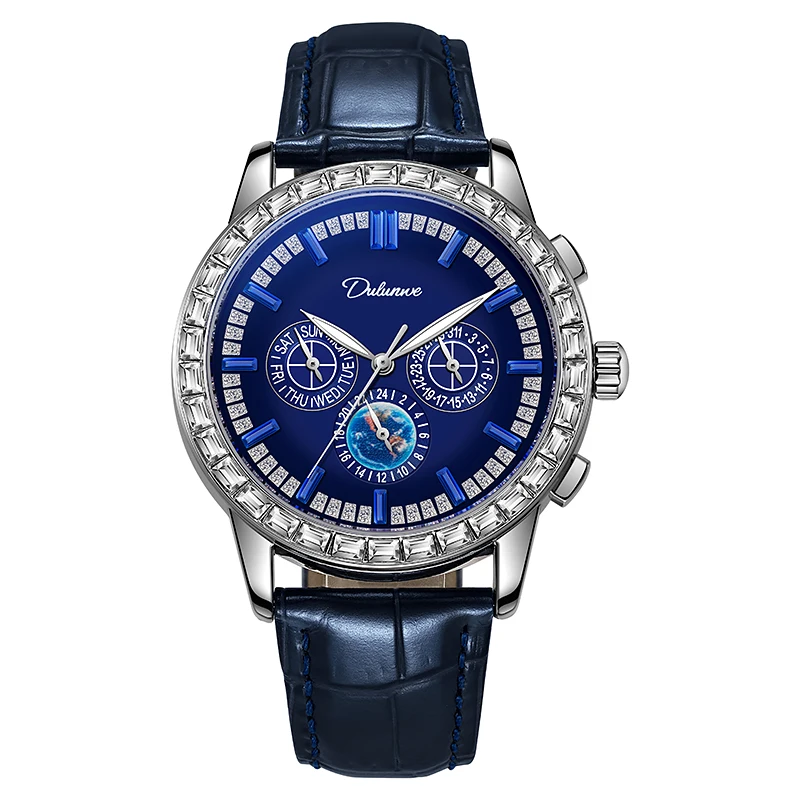 

DULUNWE 6050 Мужские часы Роскошные водонепроницаемые многофункциональные автоматические механические часы с датой и 24-часовой неделей Мужские часы с бриллиантами