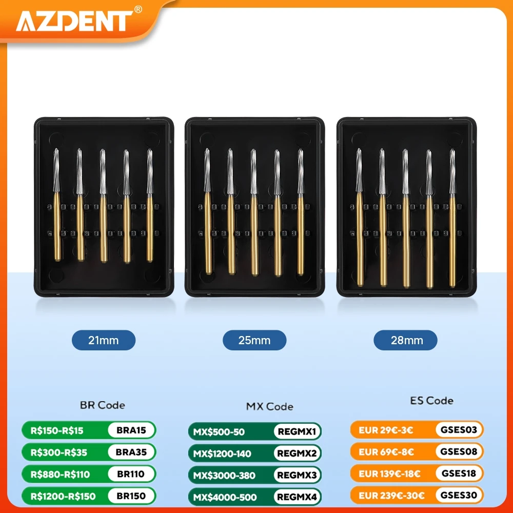 5PCS/Box Dental Endodontic Carbide Burs AZDENT FG Tungsten Carbide Bur Surgical Cutters Drill Titanium Plated 1.6mm