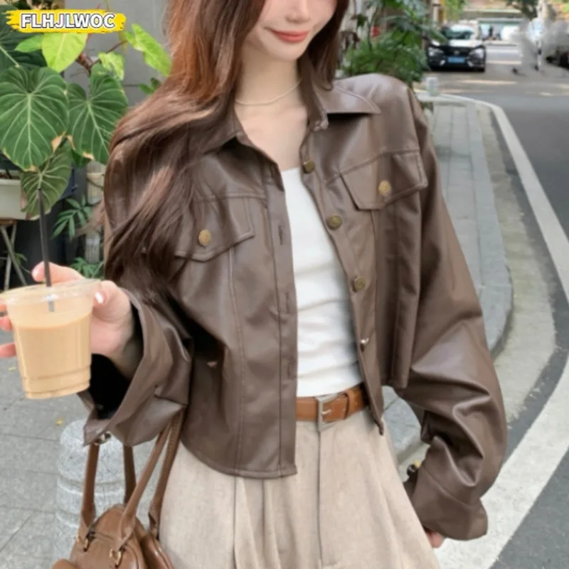 Hot Autumn Short Crop Coats Outerwear High Street Cute Fashion Pockets Button Solid Black Leather PU Chic Korean Short Jackets