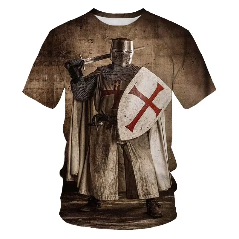 Summer vintage Street 3D Printed Century Knight Men's Short-Sleeved Round-Neck Casual T-Shirt with a Sacred Cross Pattern