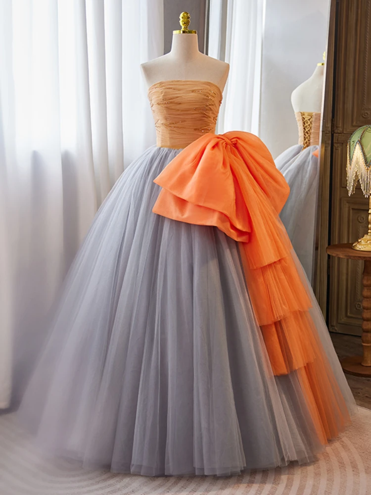 Customized New Sleeveless Front Pleated Strapless Prom Vestidos Chic Constrast Color Side Big Bow Design Ball Gown Slim Fit A-li