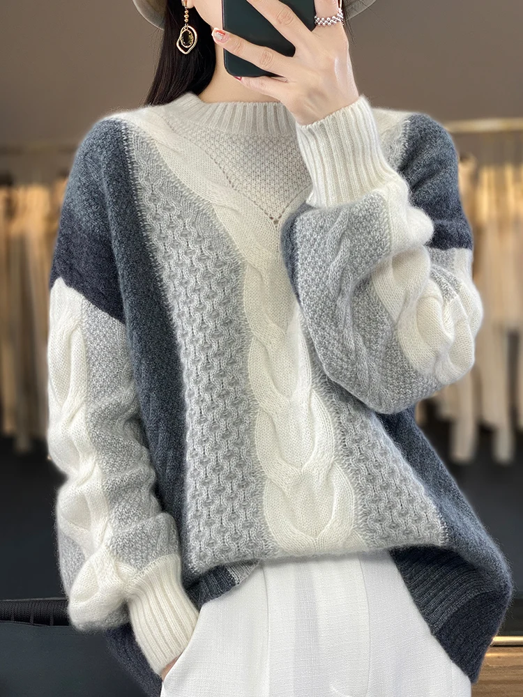 New Chic Women Winter Sweater Thick O-neck Pullover Twist Flower 100% Merino Wool Korean Fashion Female Cashmere Knitwear Tops