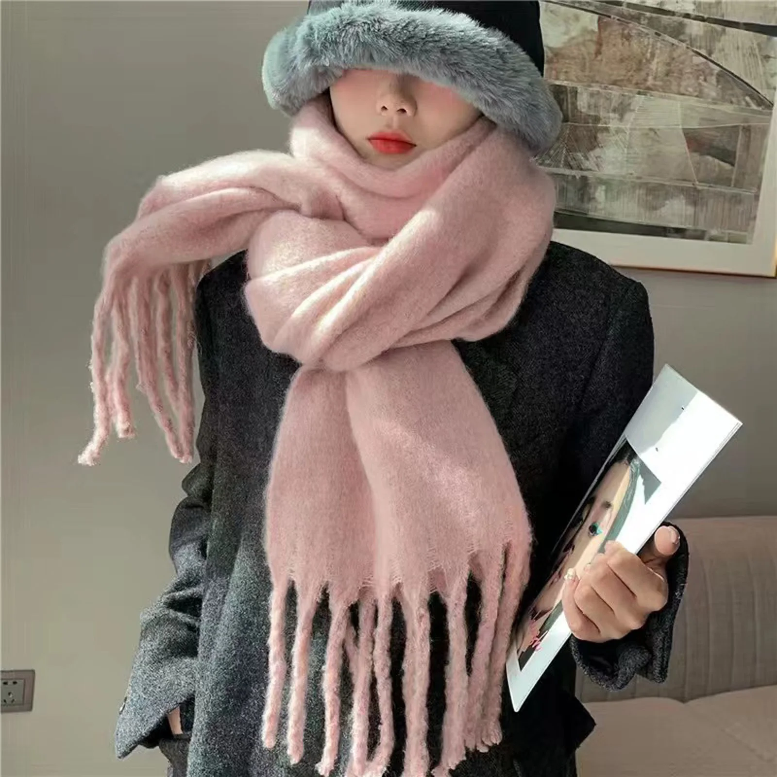 2025 Women's Fashion Knitted Shawl - Thickened Warm Solid Color Scarf with Long Tassel, Winter Neck Warmer Wrapped Style