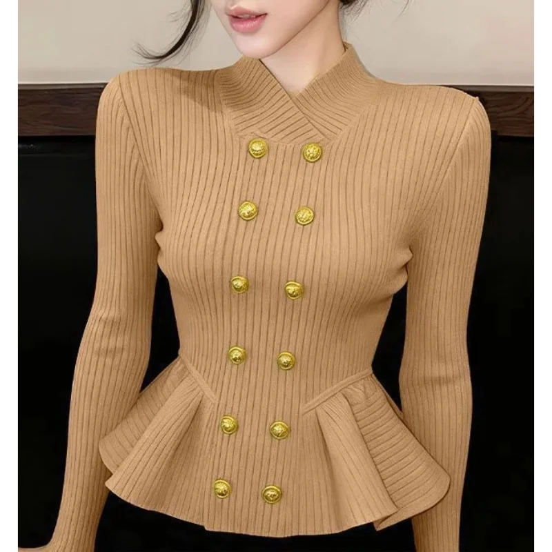 

High Grade Double Breasted Stand Collar Long Sleeve Knitwear For Women Early Autumn Elegant Slim Fit Sweater Base Shirt Top