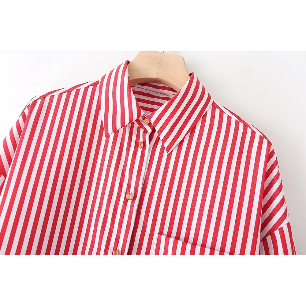 TRAF ZR Striped Shirt Long Sleeves Turn-up Cuffs Elegant Golden Buttons Blouses Back Pleat Woman Tops Chic Women Blouse