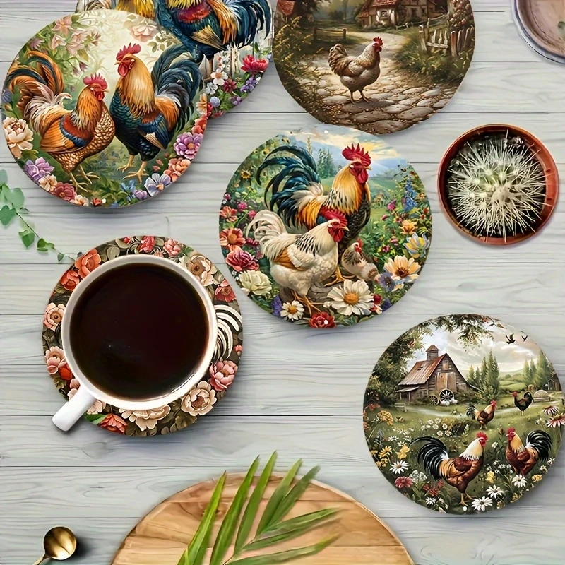 6pcs 2D Round Colored Rooster Themed Wooden Coasters Heat-Resistant Non-Slip Home Decoration Party Gift Beverage Pads