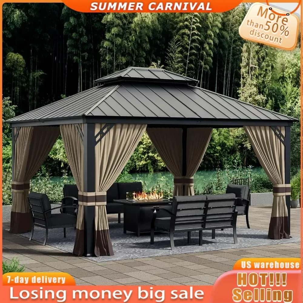 

12x14ft Hardtop Gazebo Double Roof, with 2-layer hard top galvanized iron frame garden tent, suitable for courtyards, backyards