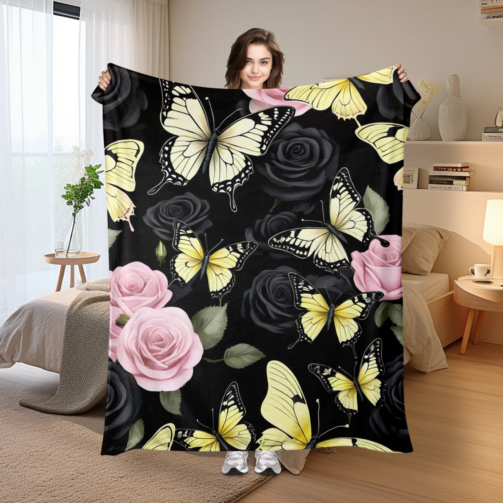 Elegant Butterfly And Rose Pattern Blanket In Black And Yellow For A Sophisticated And Artistic Home Decor Accent Piece