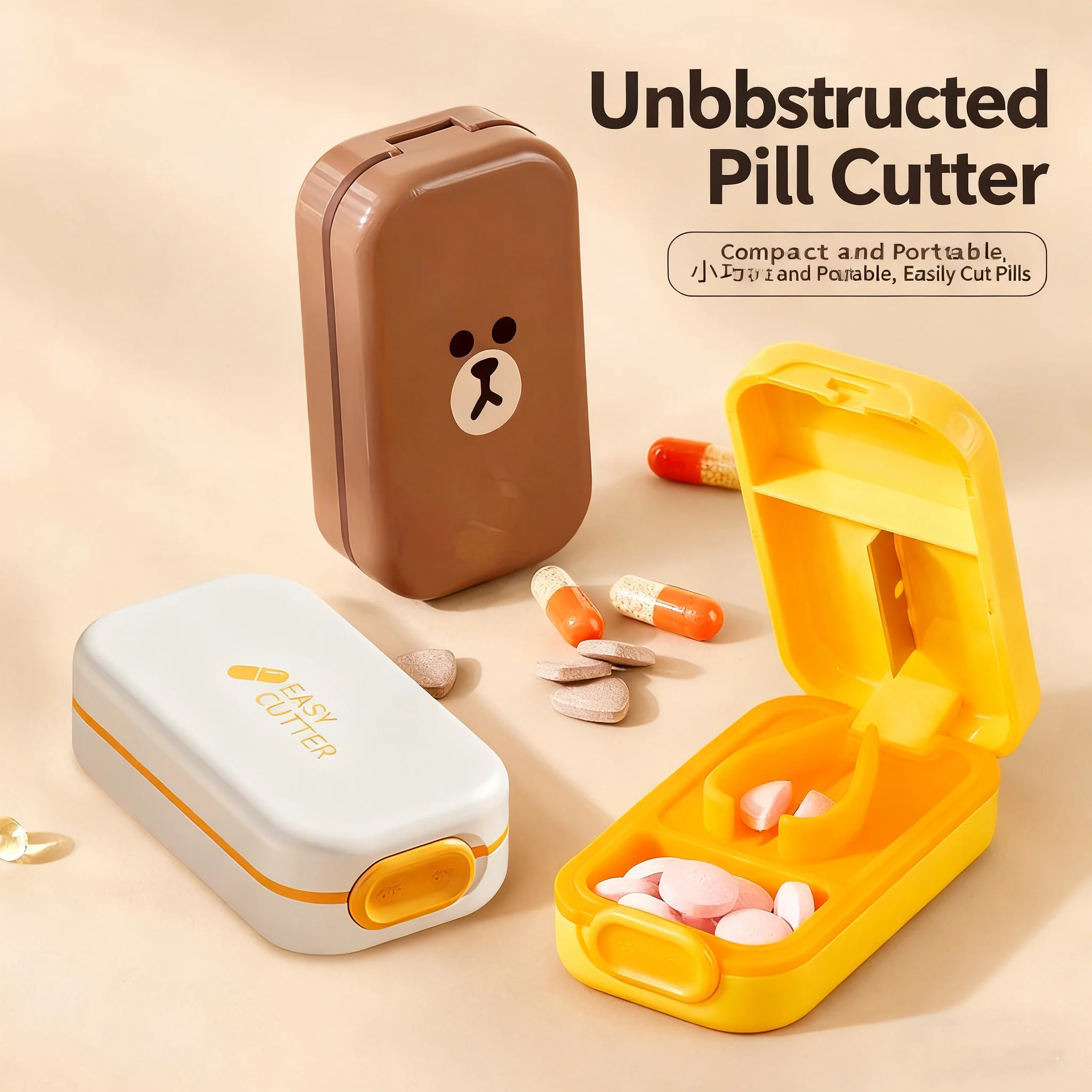 Cute Bear Mini Pill Cutter with Storage Box Precise Multiple Pills Cartoon Design Portable for Daily Travel Tablets Splitter