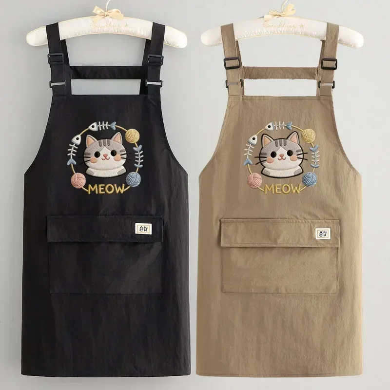 Fashion Cute Cat Printing Apron  for Women Water-repellent Kitchen Smock Cooking Catering Household Baking Waist Overalls