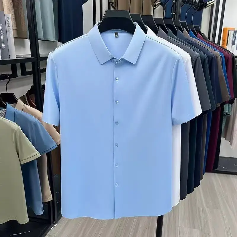 Camisa Masculina de Manga Curta, Novo Estilo de Verão, Seda Gelada com Sensação de Frescor, Luxuosa, Elegante, Casual, Tamanho Grande, Não Precisa Pas