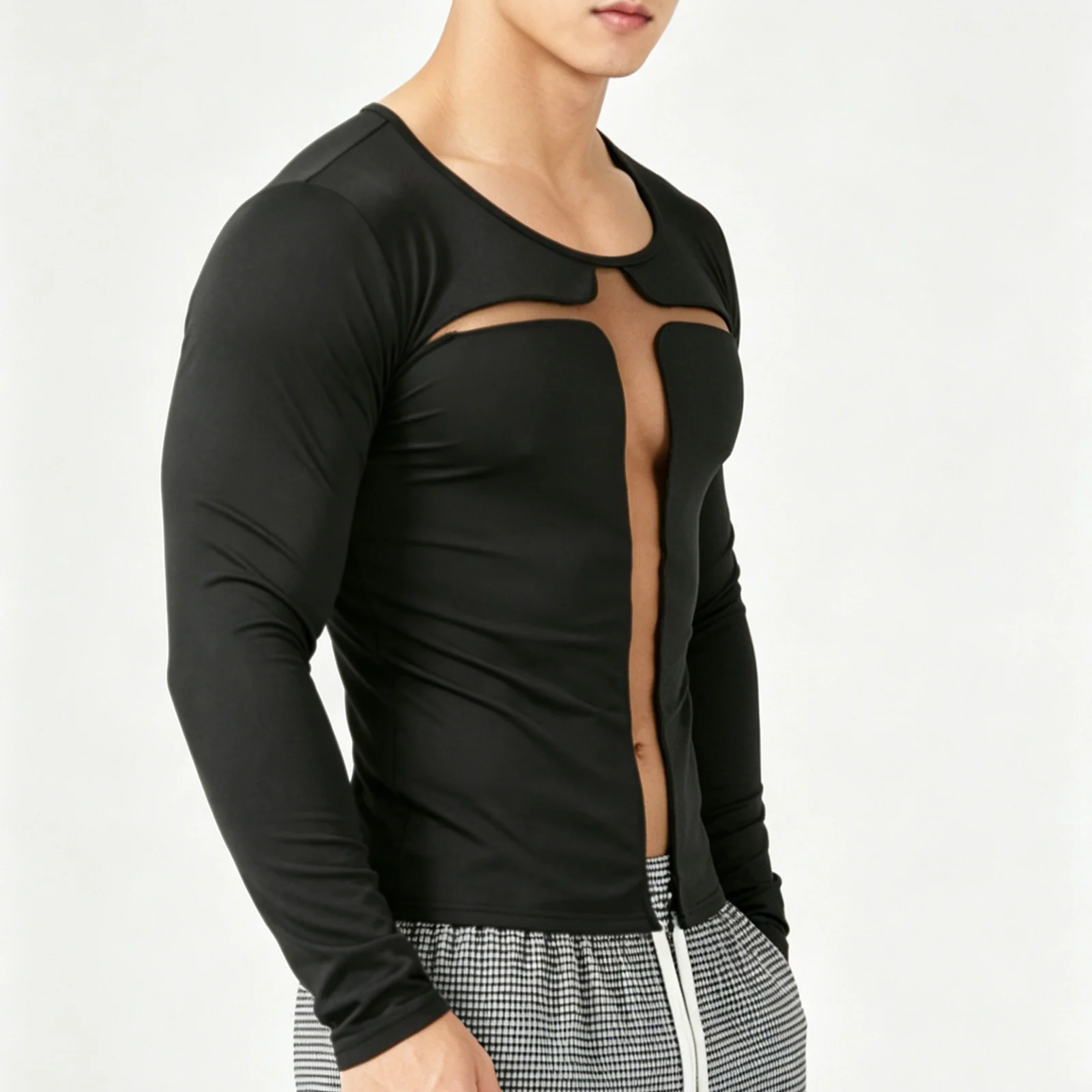 Men Gothic T-shirt Fashion Streetwear Mesh Cross Casual Spring Tees Tops Y2K Long Sleeve High Quality Party Tshirt Autumn