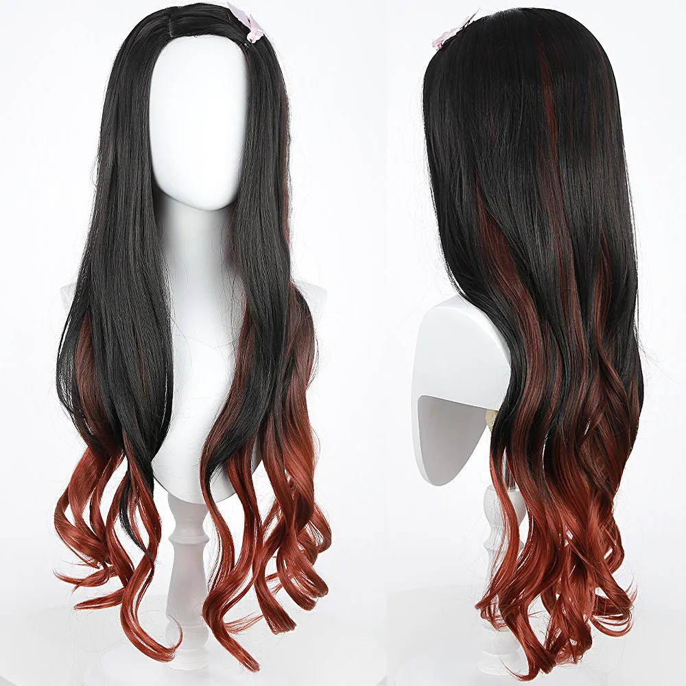 Demon slayer lâmina fogão porta você feijão peruca cosplay preto gradiente laranja longo cabelo encaracolado cor bloqueada anime cos peruca