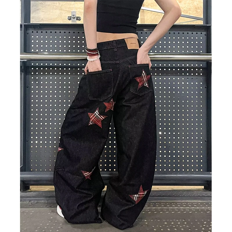 Women Black Gothic Y2k Star Embroidery Jeans Harajuku Vintage Emo Denim Trouser Japanese 2000s Style Oversize Jeans Pants