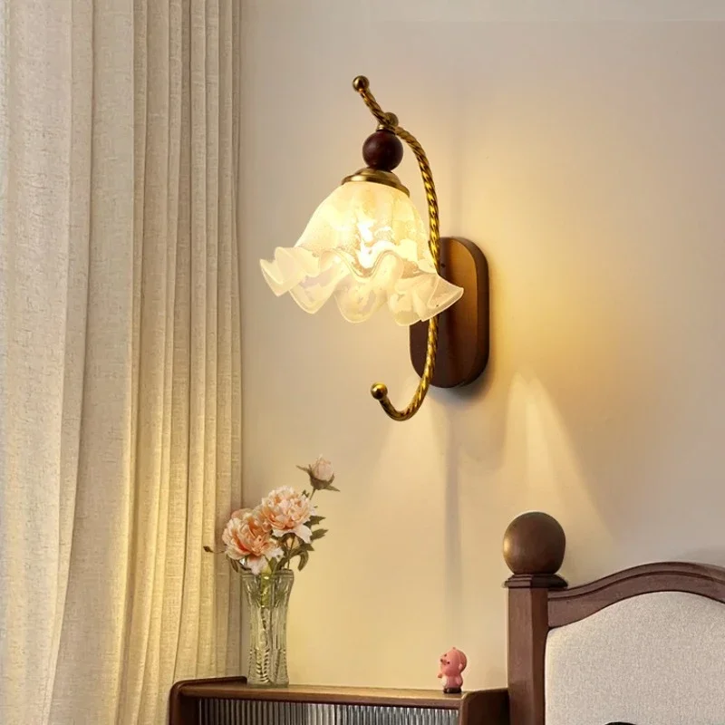 

bedroom, bedside wall lamp, French retro living room, background wall walnut color, solid wood glass, corridor aisle lamp