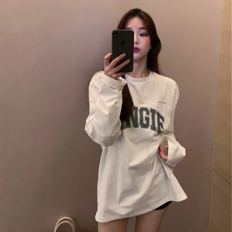 Spring  Women's Loose Cotton T-Shirt Long Sleeve Mid-Length Korean Style Commute round Neck Element Pure Cotton Top