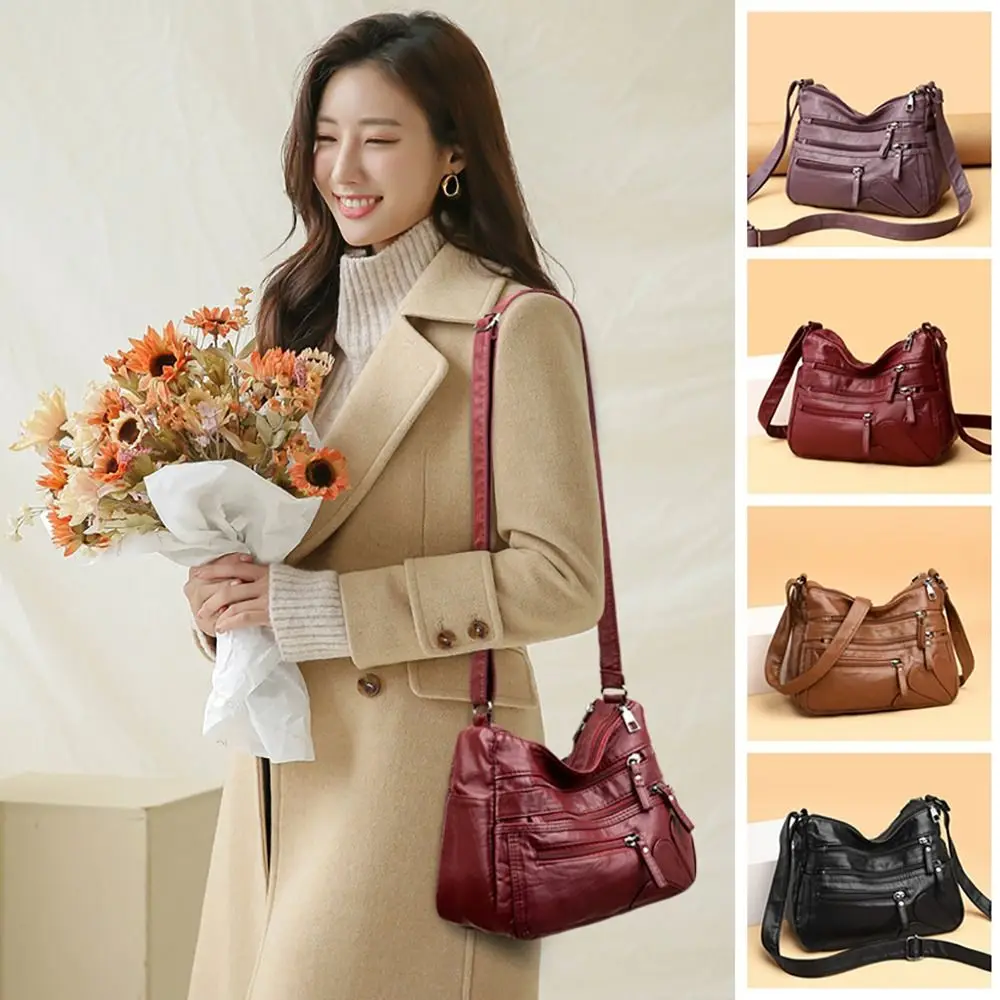 Fashion Leather Crossbody Bag Soft Large Capacity Tote Bag Multi-layer Shoulder Bag Middle-Aged Women