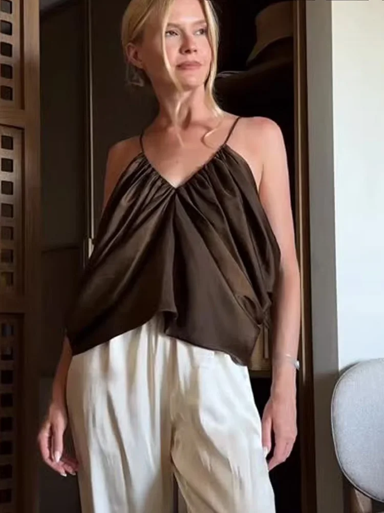 

HH женский плиссированный короткий топ с v-образным вырезом и украшением, женский летний модный сексуальный однотонный шикарный уличный топ без рукавов с открытой спиной