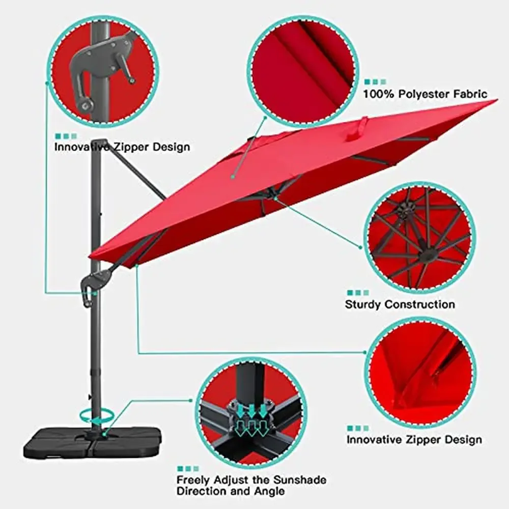 10x13Ft Deluxe Cantilever Rectangular Offset Umbrella 360°Rotation & Integrated Tilting System Fade & Sun Resistant Waterproof