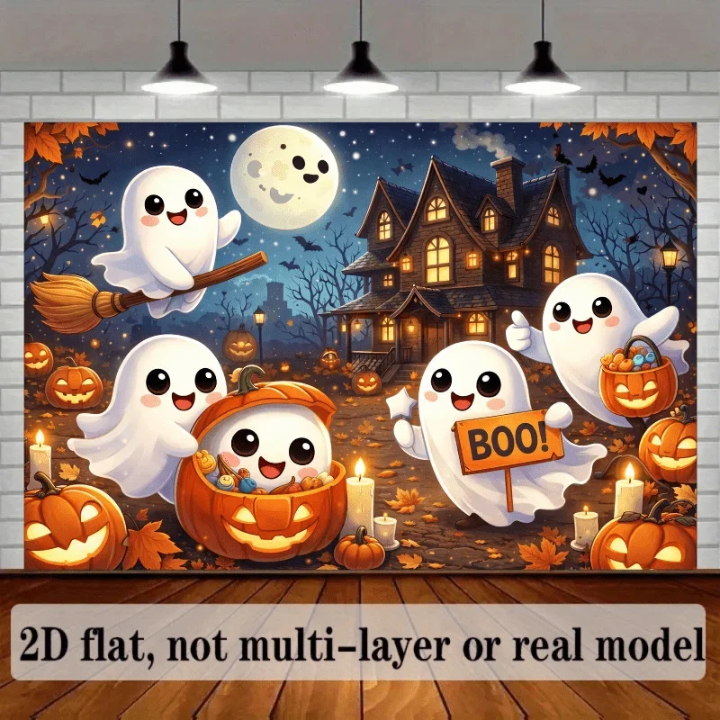 White moon-themed Halloween background fabric, with ghosts wearing brown wizard hats, and the hats have orange buttons.