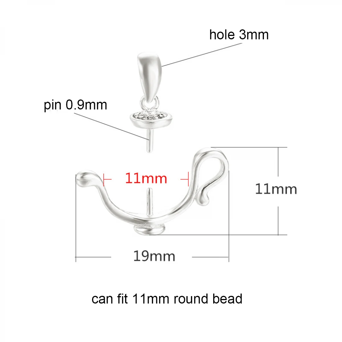 New 925 Silver Necklace Pendant Blank Charm Connectors fit 11mm Hole Eye Pins Round Honeywax Beads DIY Charms for Pendant Making