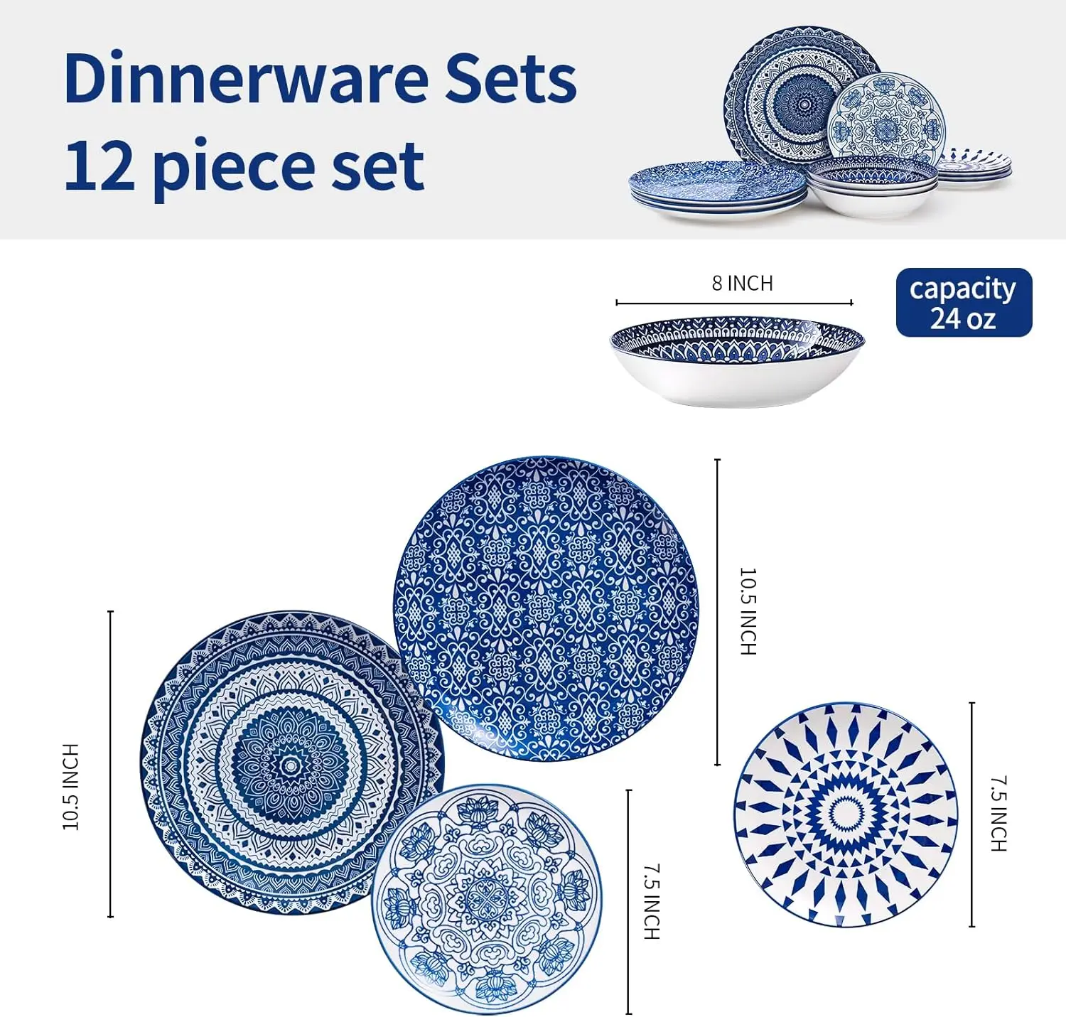 Ceramic 12-Pieces Dinnerware Sets, Dishes Set for 4, Dinner Salad Dessert Plates, and Cereal Bowls Set, Gift,Vintage Blue