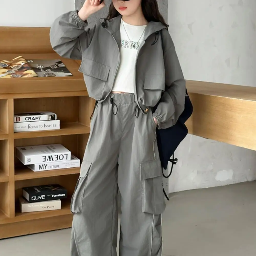 

Kawaii Girl Fashion Hooded Zipper Shirt Work Pants Student Autumn Cartoon Casual Coat Long Pants 2-Piece Set Children's Clothing