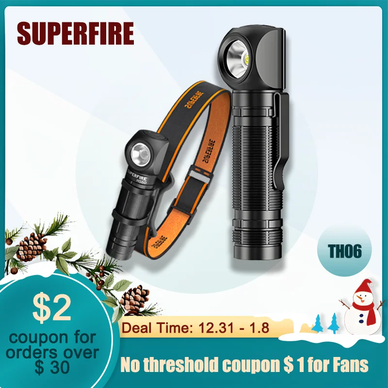 NEW SUPERFIRE TH06 High Power LED Headlamp 18650 Type-C Rechargeable Headlight Angle Flashlight with Power Indicator Magnet Tail