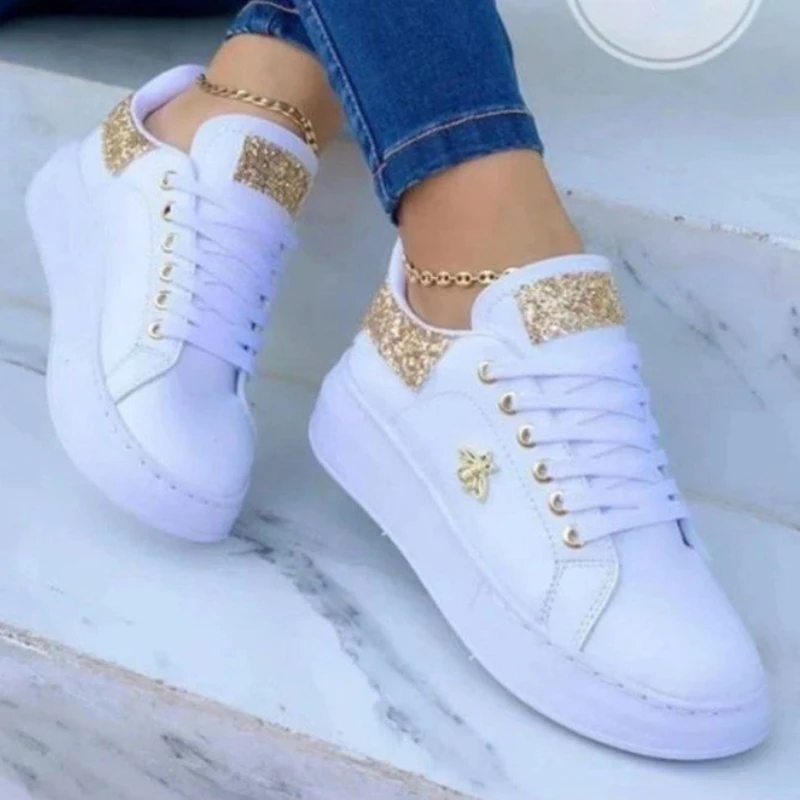 White Sequins Sneakers Women Bees Thick Bottom Trainers Korean Style Round Head Running Shoes Fall Lace Up Flats Sapato Feminino