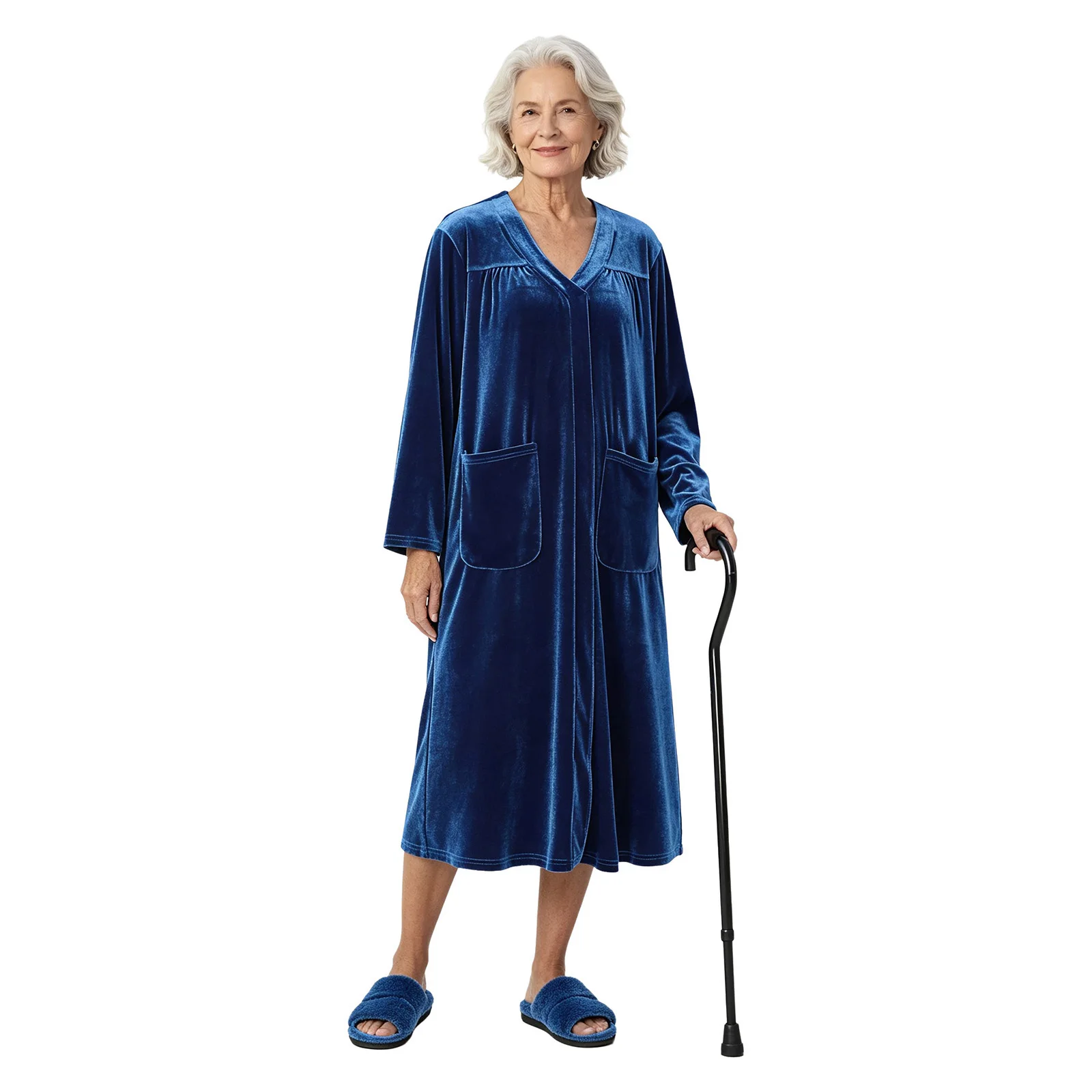 Women Warm Velvet Nightdress V-neck Long Sleeve Press Button Shoulder Open Back Nightdress with Pockets for Elderly Nursing