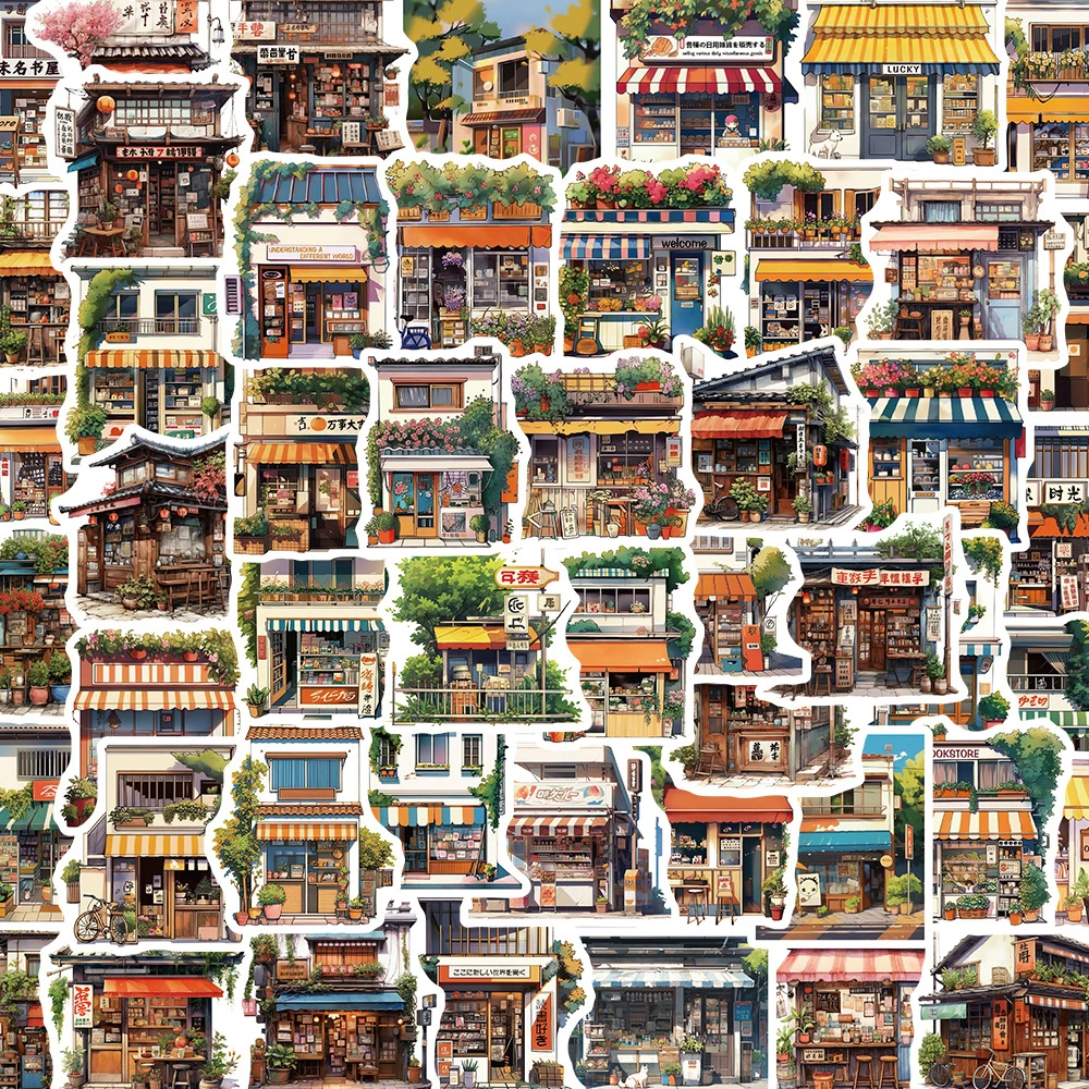 10/30/55pcs Vintage Japanese Convenience Store Anime Stickers Cartoon Street Side Shop Decals Water Bottle Luggage Phone Sticker