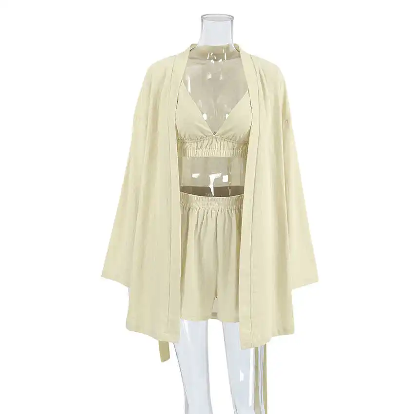 

Sexy Long Sve Tee-piece Set Women's Home Clothes Pure Color Nightgown orts V-ne Faionable Casual Wear